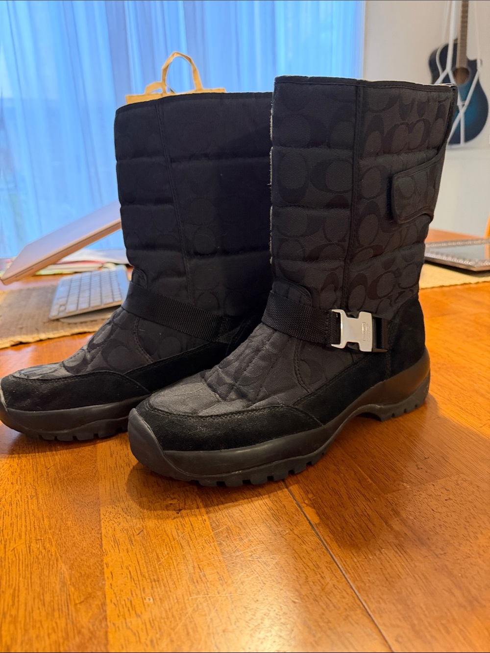 Coach Black Quilted Signature Mid-Calf Winter Rain Boots